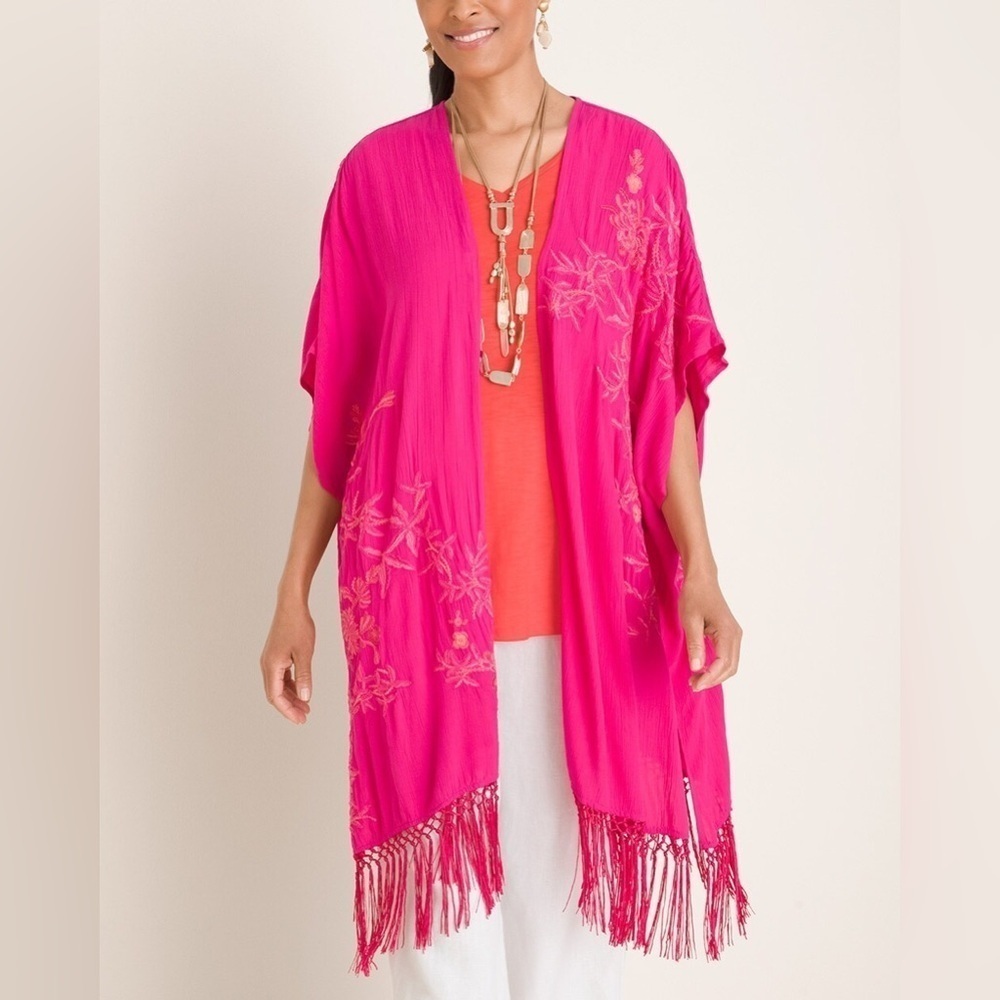 CHICOS Ruana Wrap Floral Embroidered Berry Pink Fringe Bohemian Vacation Beach